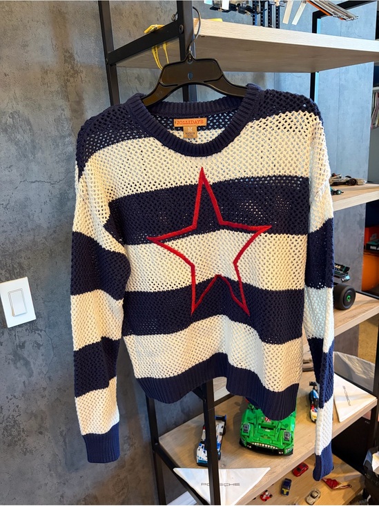 Sweaters - JOLLIDAY Striped Navy & Cream Crewneck Sweater with Red Star - women